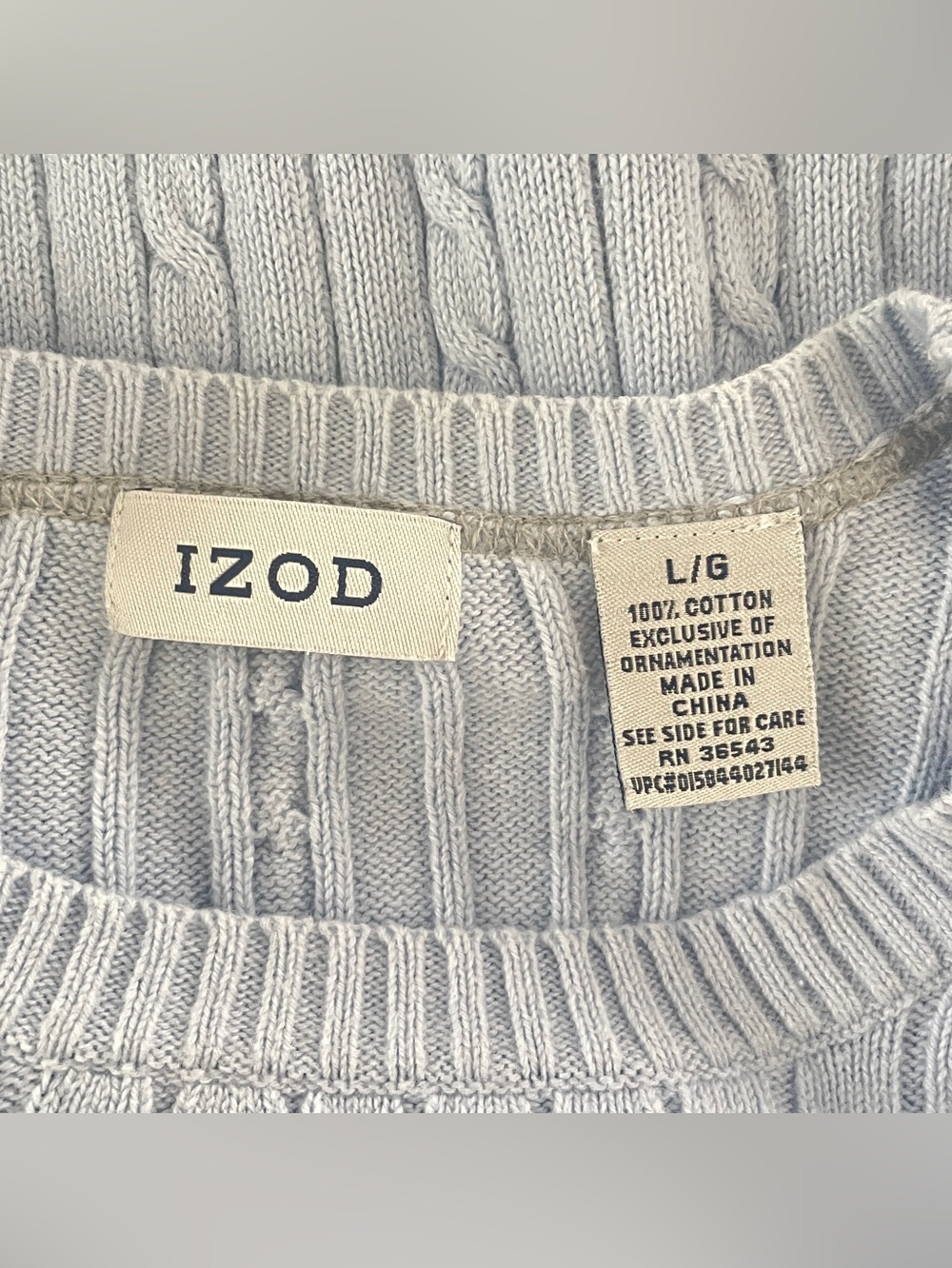 IZOD Light Blue Cable Knit Cotton Crewneck Sweater Preppy Coastal Grandmother - Picture 4 of 6
